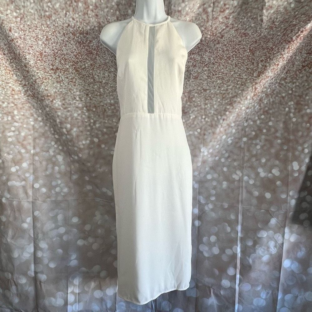 High neck sleeveless midi dress with mesh cutout detail at bust, NWT, size large